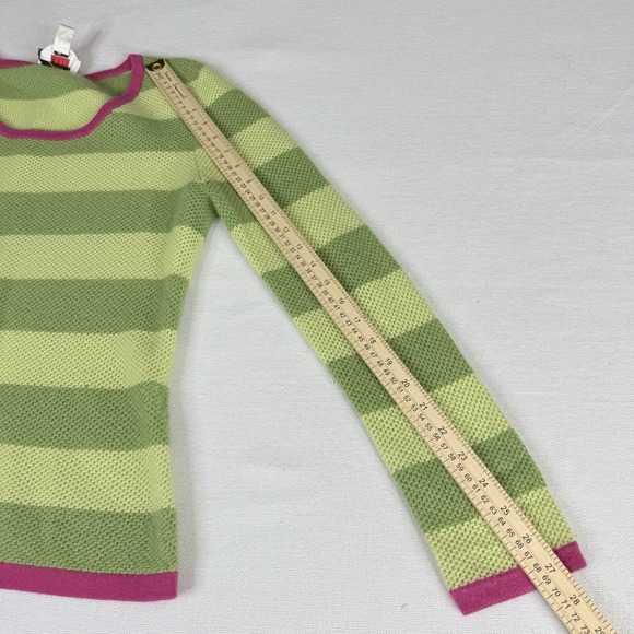 Talbots 100%Pure Cashmere Sweater Women's Sz M Green Striped Pink Trim Open Knit - Picture 11 of 14